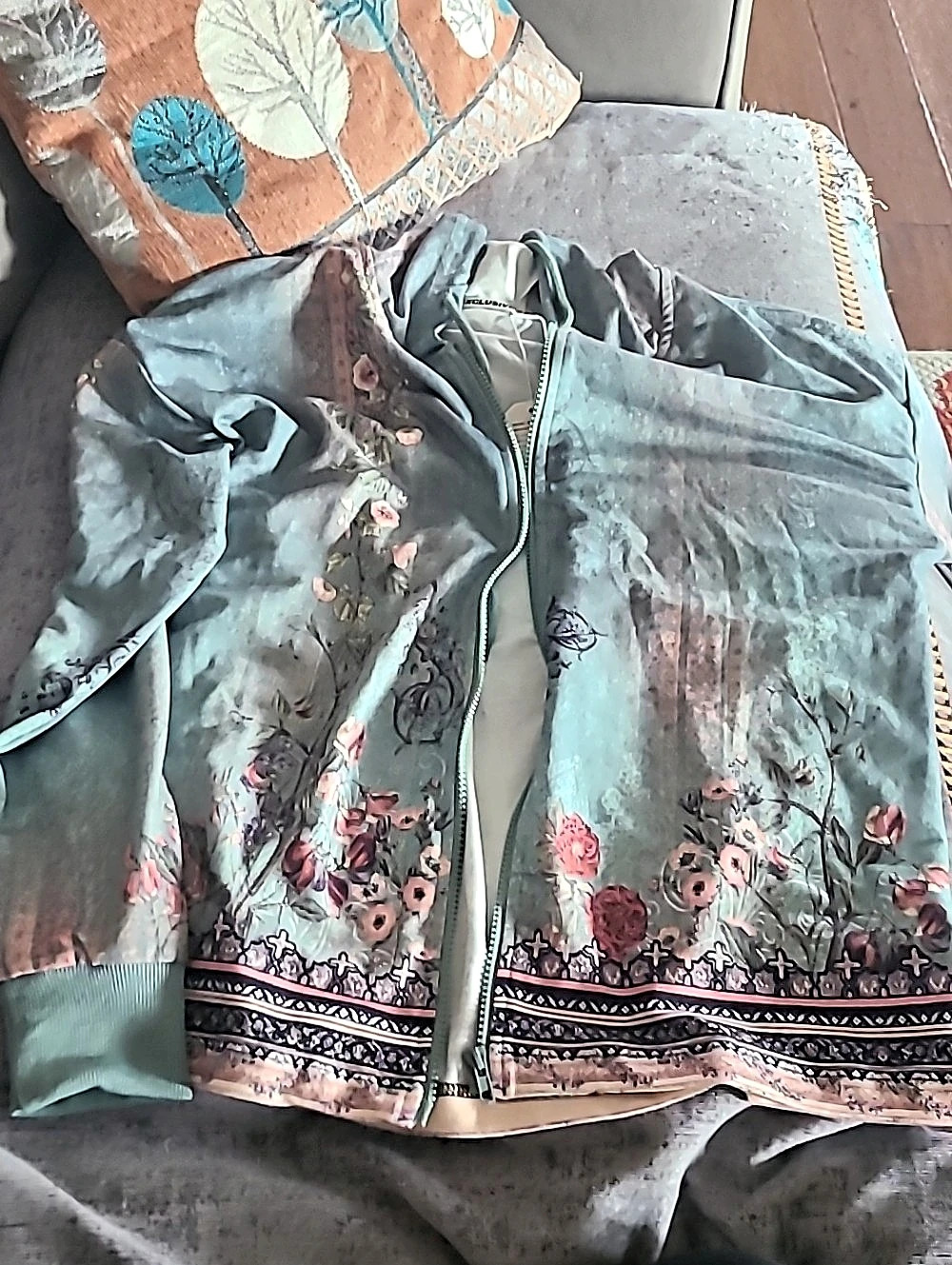 Floral Bomber Jacket in Green & Pink Like New
